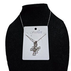 Silver Tone Cross Pearl Caged Necklace With Filigree Design